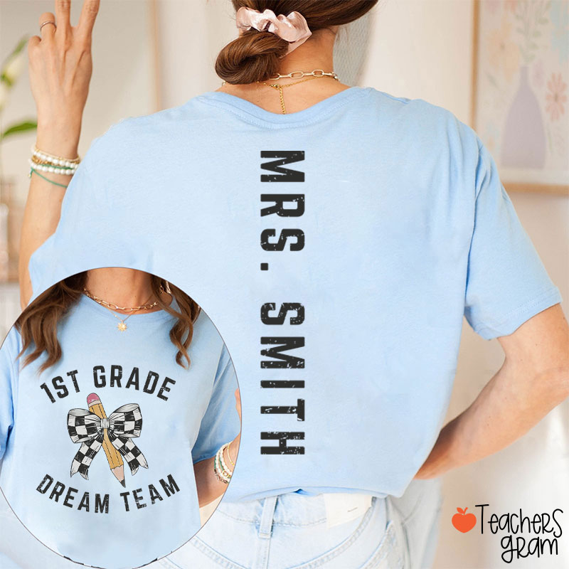 Personalized Grade And Name Checkered Pencil Bow Teacher Two Sided T-Shirt