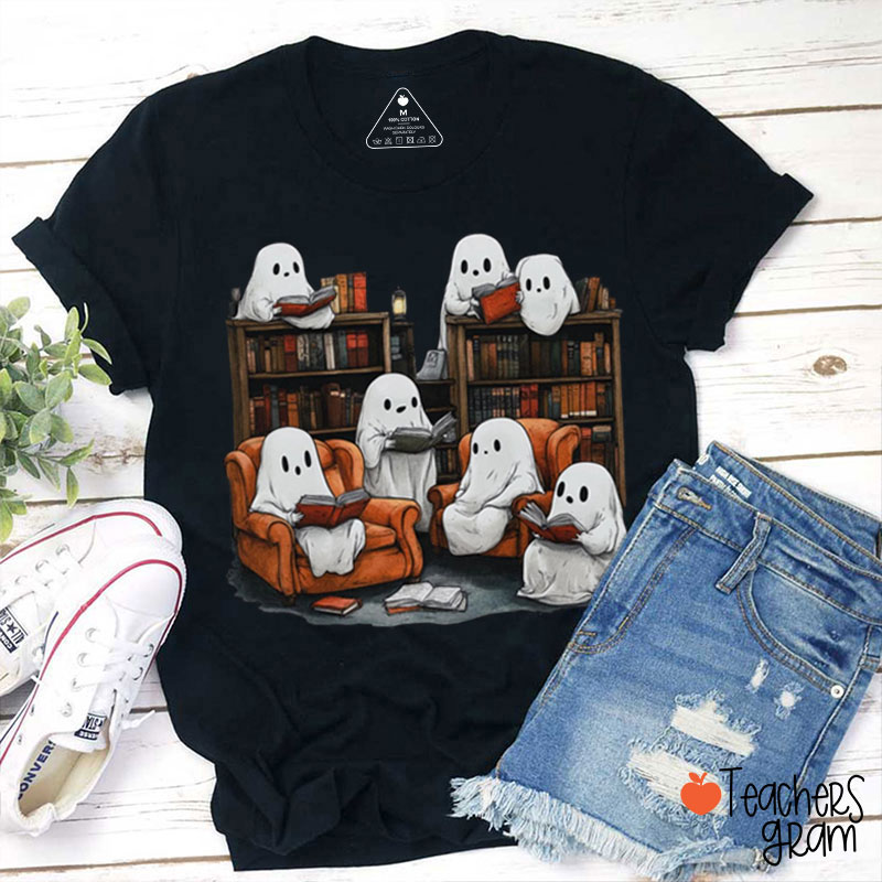 Cute Halloween Ghost Reading Book Teacher T-Shirt