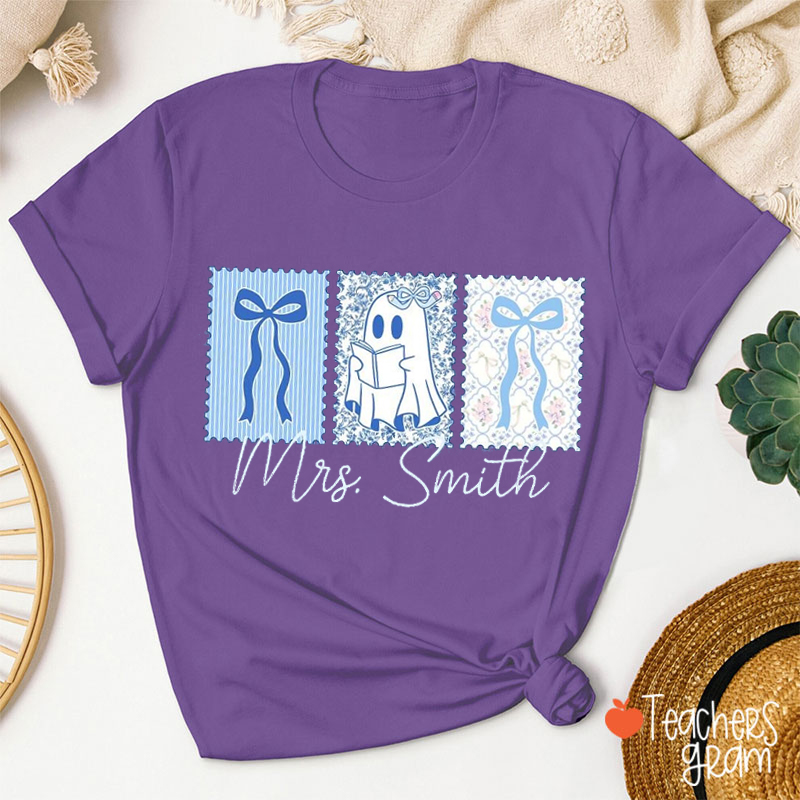 Personalized Name Cute Ghost Reading Teacher T-Shirt