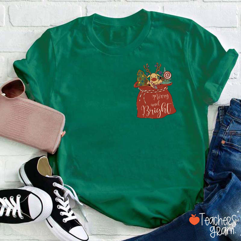 Merry And Bright Cute Reindeer Teacher T-Shirt