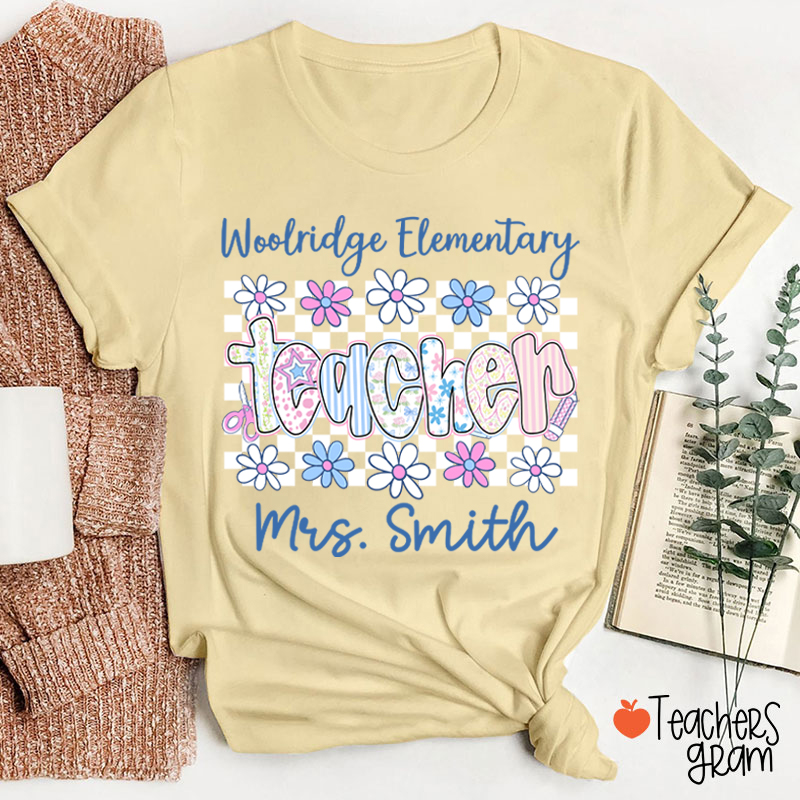Personalized Name Grade And School Name Checkered Flowers Teacher T-Shirt