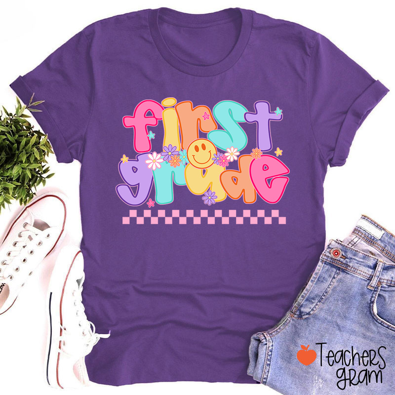 Personalized Grade Candy Color Fonts Checkered Teacher T-Shirt
