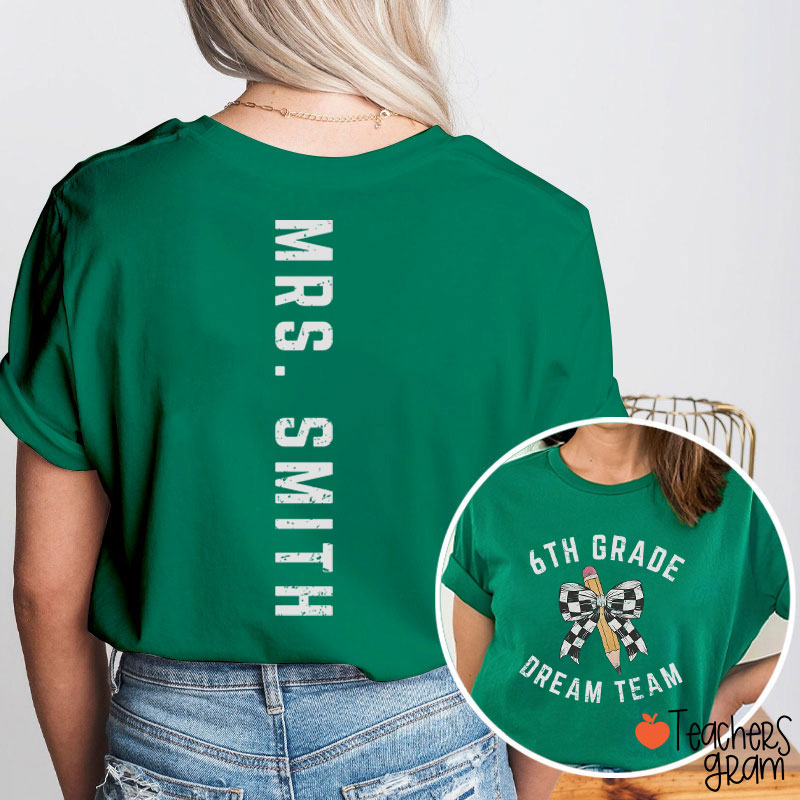 Personalized Grade And Name Checkered Pencil Bow Teacher Two Sided T-Shirt
