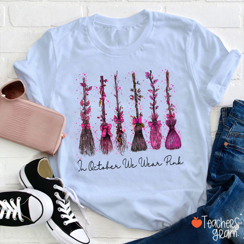 On Wednesday We Wear Pink Witch Broom Teacher T-Shirt