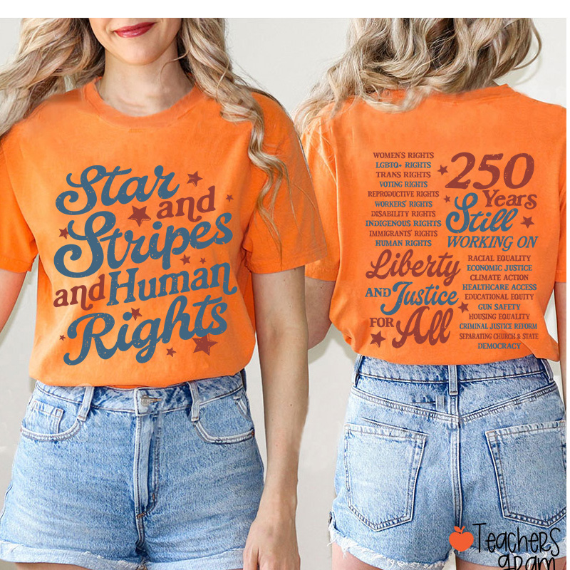 Star And Stripes And Human Rights Teacher Two Sided T-Shirt