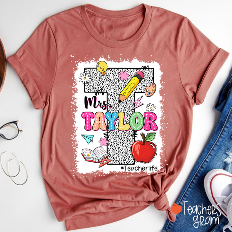 Personalized Name Initials Polka Dot Teacher T-Shirt