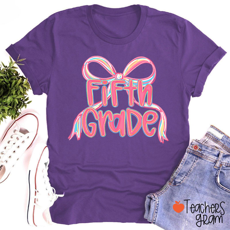 Personalized Grade Pink Bow Teacher T-Shirt