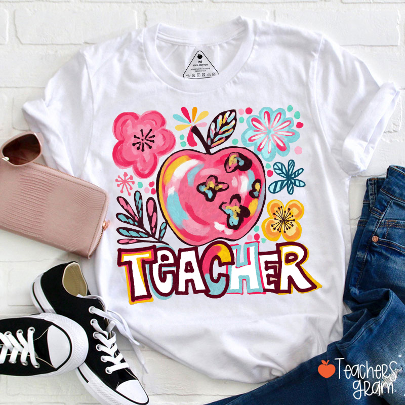 Personalized Floral Apple Bold Letter Teacher T-Shirt