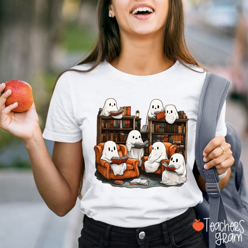 Cute Halloween Ghost Reading Book Teacher T-Shirt