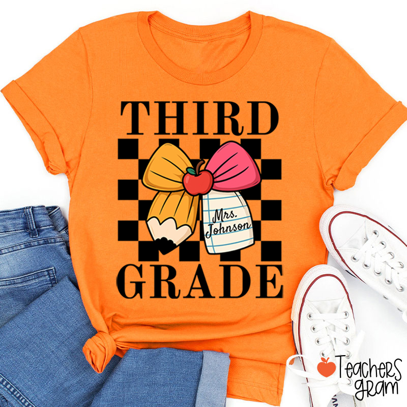 Personalized Grade And Name Pencil Bow Checkered Teacher T-Shirt