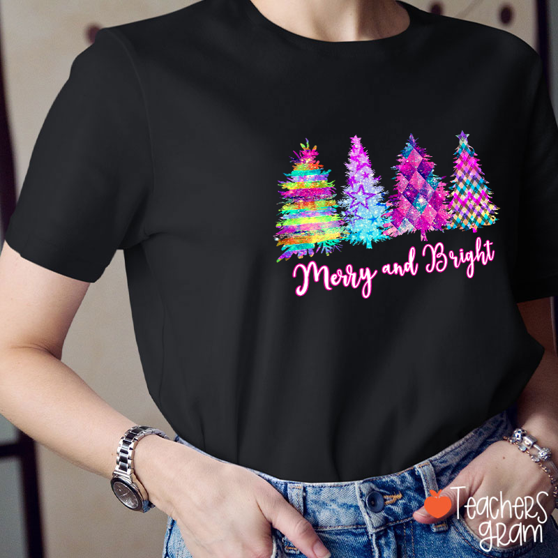 Merry And Bright Colorful Christmas Tree Teacher T-Shirt