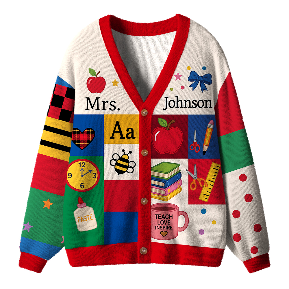 Personalized Name Apple Pencil Splicing Design Teacher Ugly Cardigan Sweaters