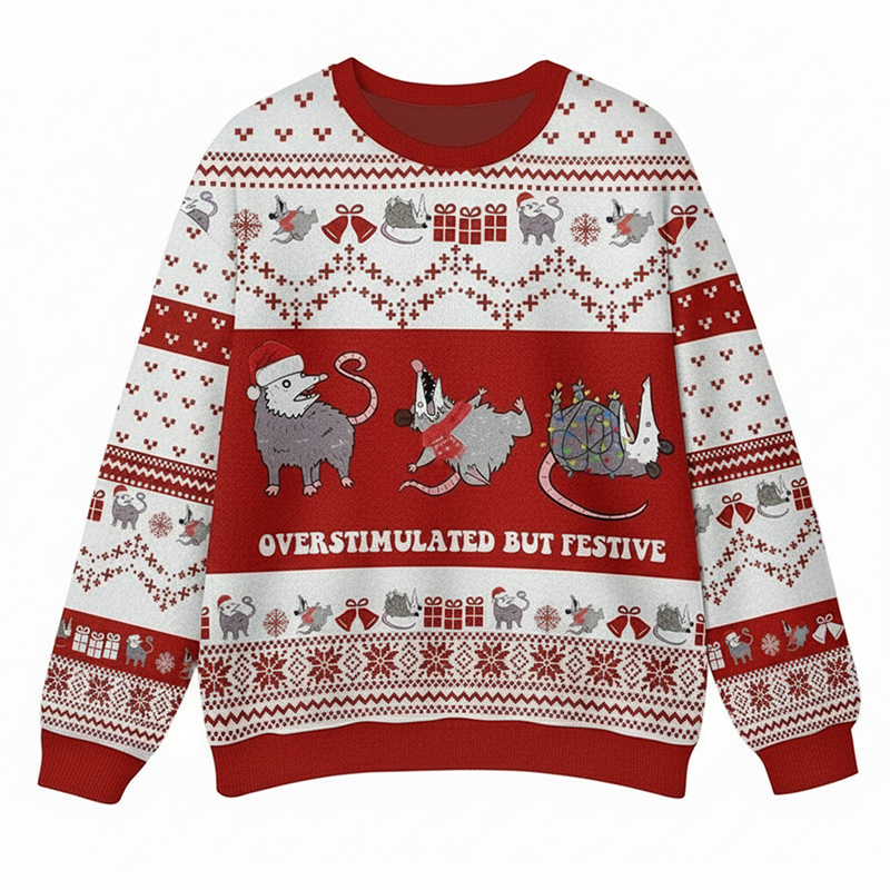 Overstimulated But Festive Possum Teacher Ugly Fluffy Christmas Sweater
