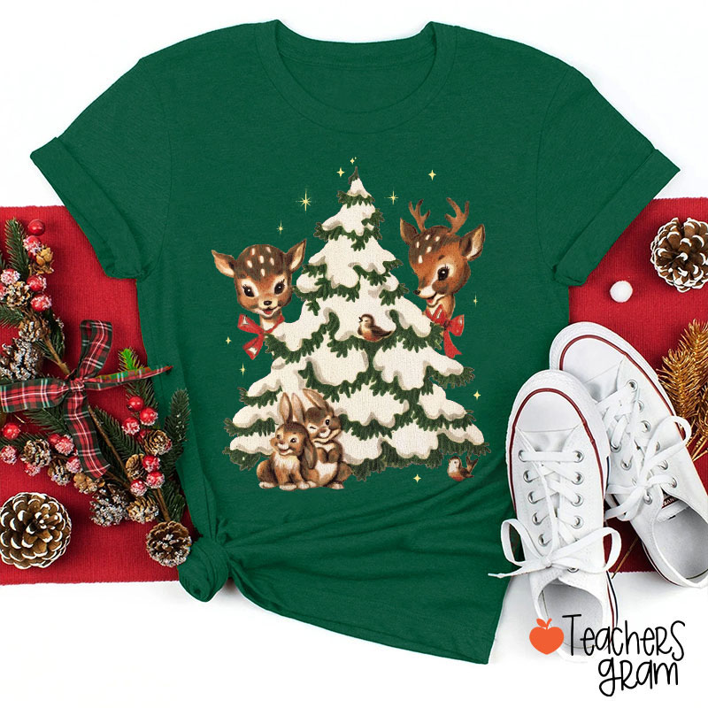 Retro Christmas Reindeer Teacher T-Shirt
