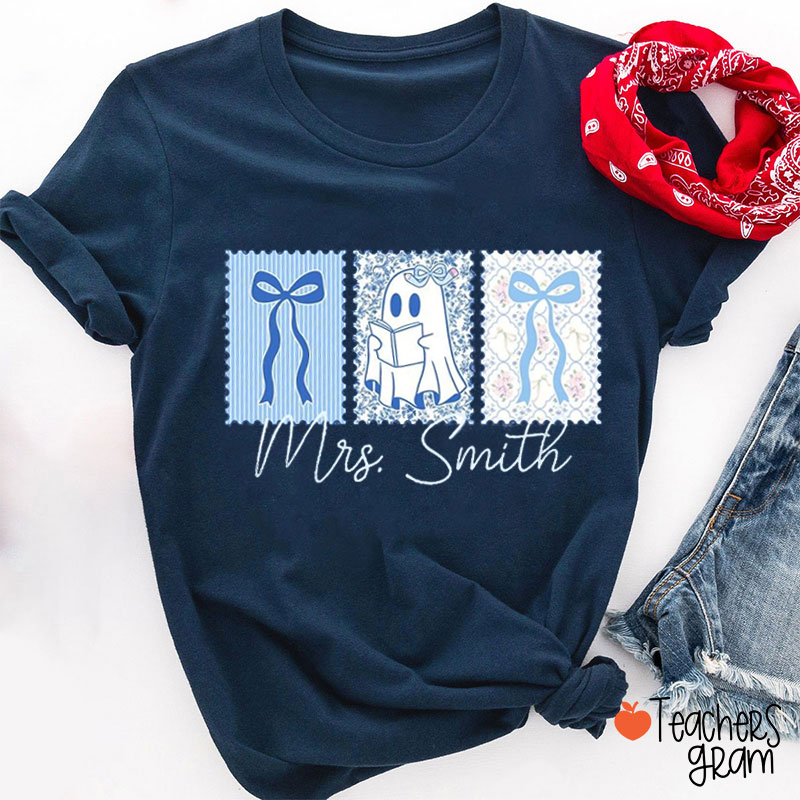 Personalized Name Cute Ghost Reading Teacher T-Shirt