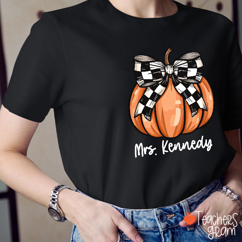 Personalized Name Pumpkin Bow Teacher T-Shirt