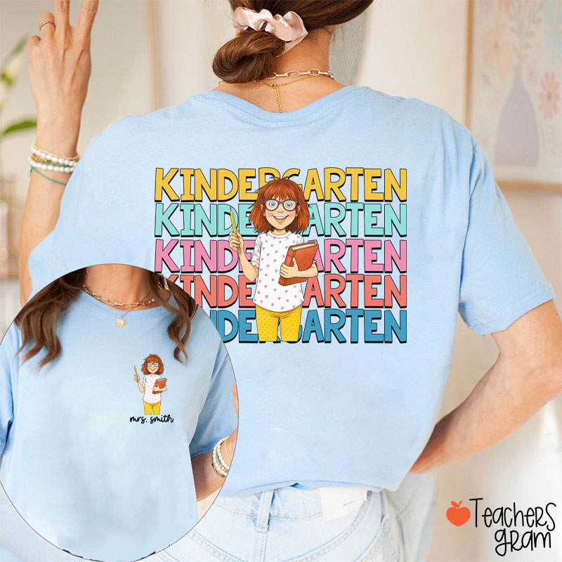 Personalized Grade And Name Cartoon Teacher Reading Teacher Two Sided T-Shirt