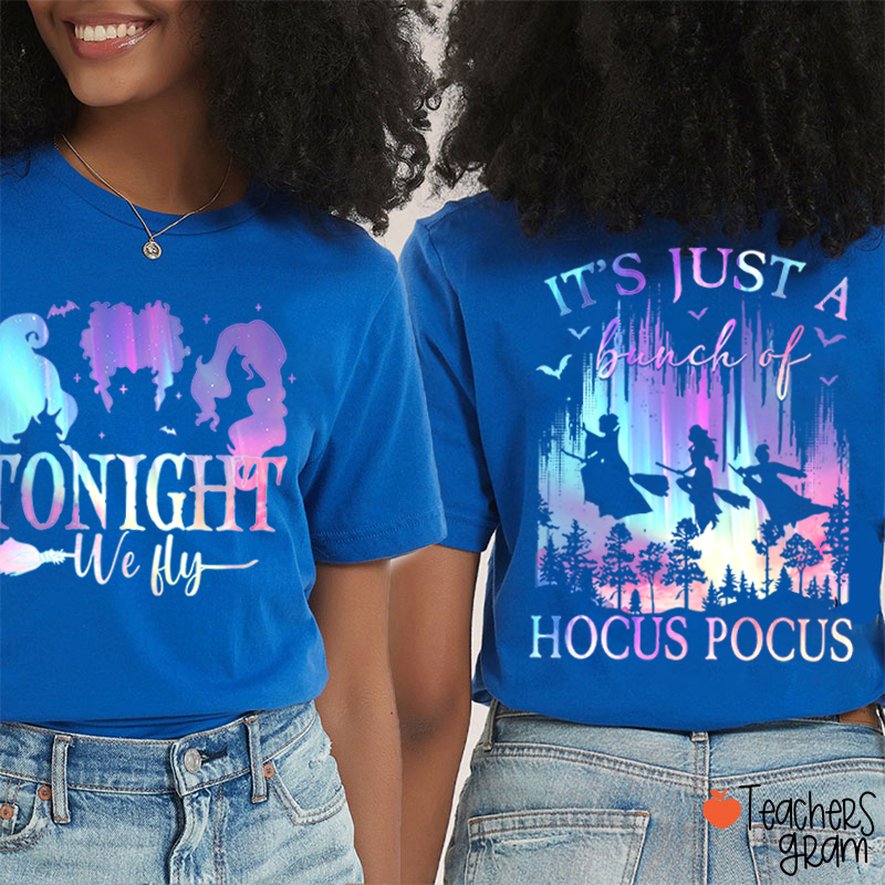 Tonight We Fly Witch Silhouette Broom Bat Teacher Two Sided T‑Shirt