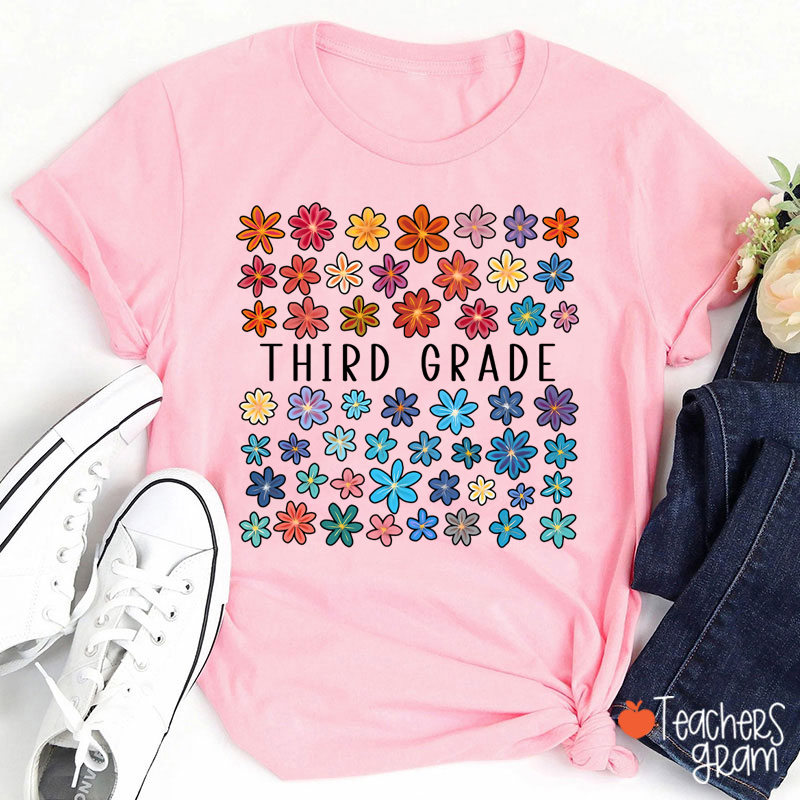 Personalized Grade Colored Flowers Teacher T-Shirt