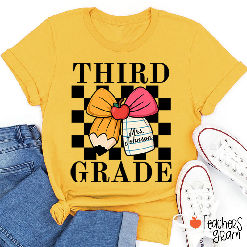 Personalized Grade And Name Pencil Bow Checkered Teacher T-Shirt