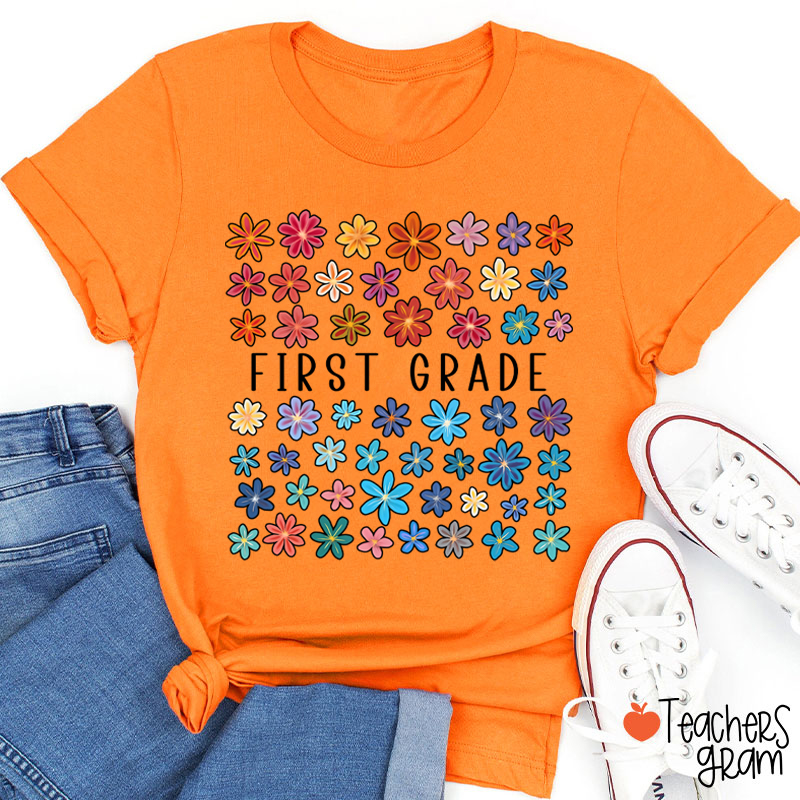 Personalized Grade Colored Flowers Teacher T-Shirt