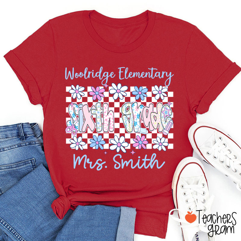 Personalized Name Grade And School Name Checkered Flowers Teacher T-Shirt