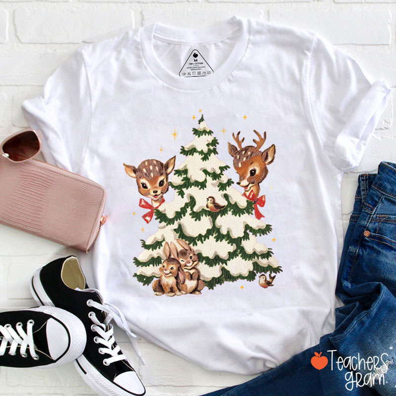 Retro Christmas Reindeer Teacher T-Shirt