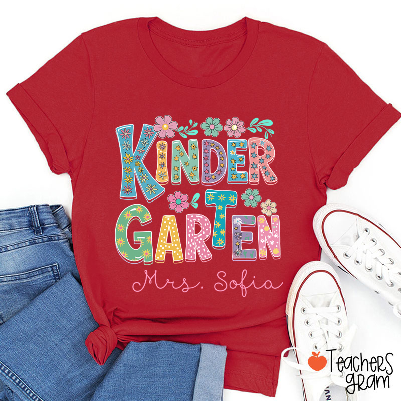 Personalized Name And Grade Flowers Fonts Teacher T-Shirt