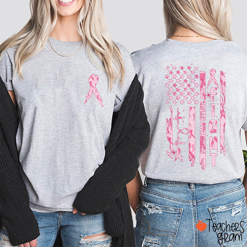 Pink Ribbon Fight Breast Cancer Awareness Teacher Two Sided T-Shirt