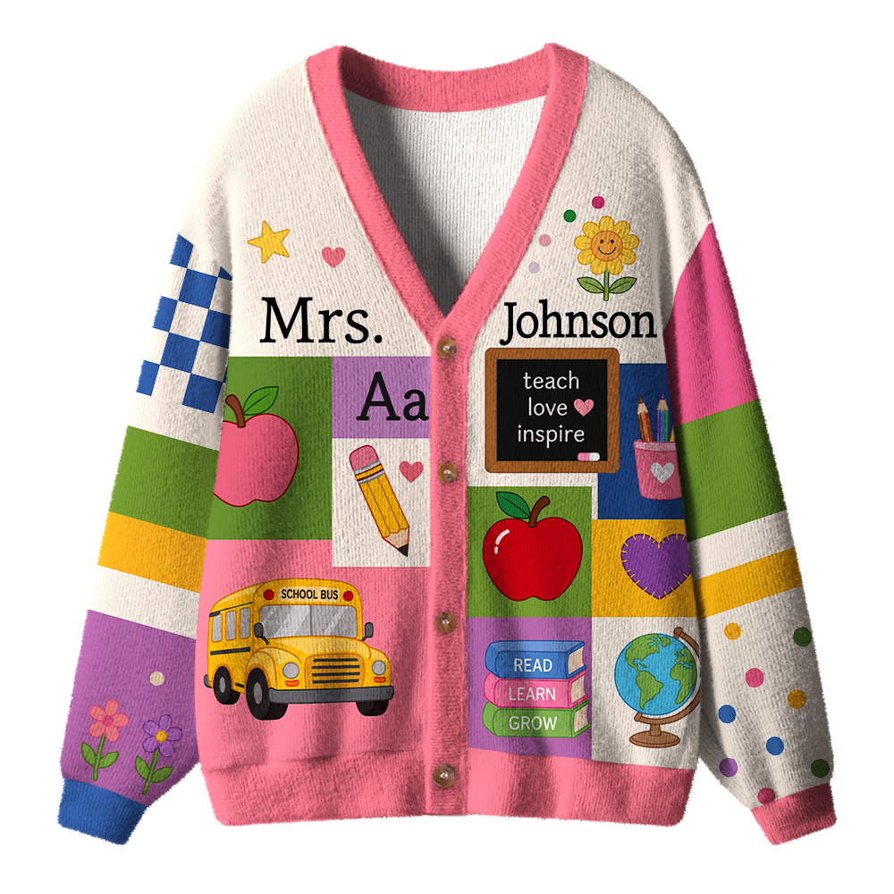 Personalized Name Apple Pencil Splicing Design Teacher Ugly Cardigan Sweaters