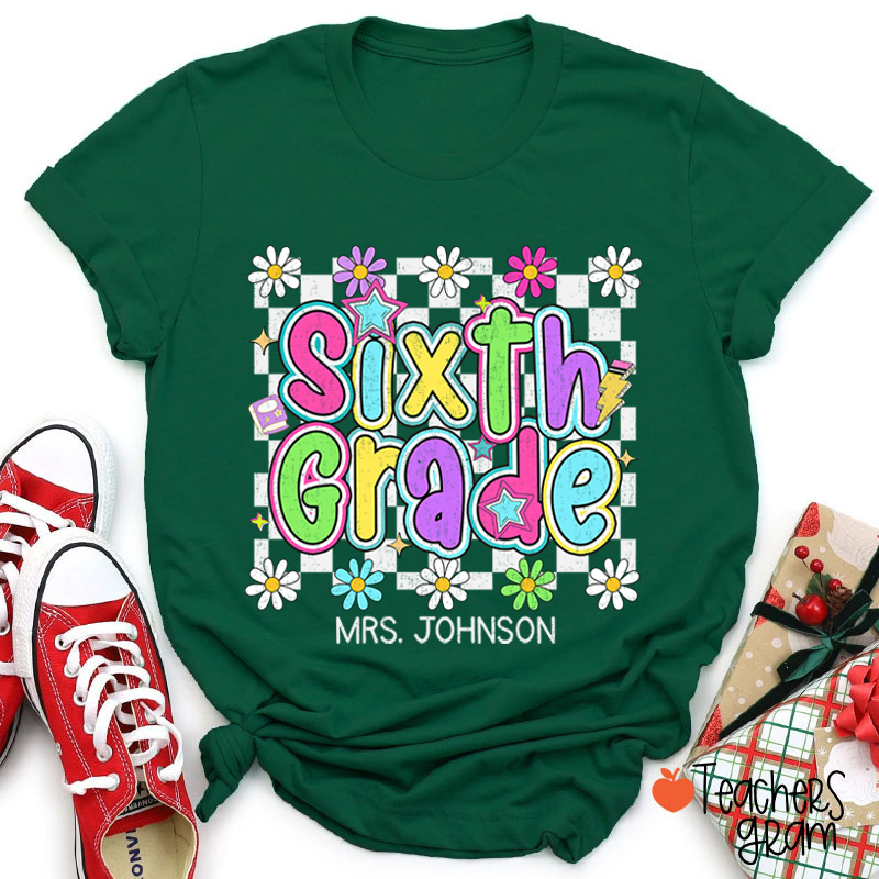 Personalized Name And Grade Checkered Flowers Teacher T-Shirt