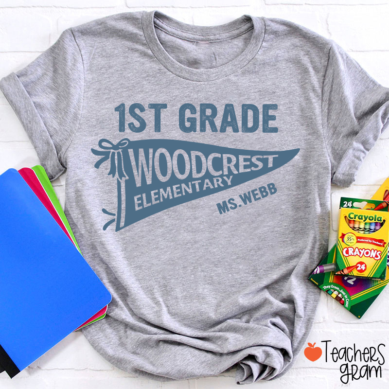 Personalized Grade And School Name Pennant Teacher T-Shirt