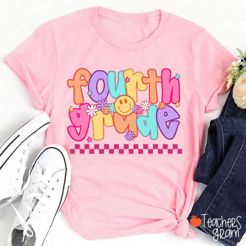 Personalized Grade Candy Color Fonts Checkered Teacher T-Shirt