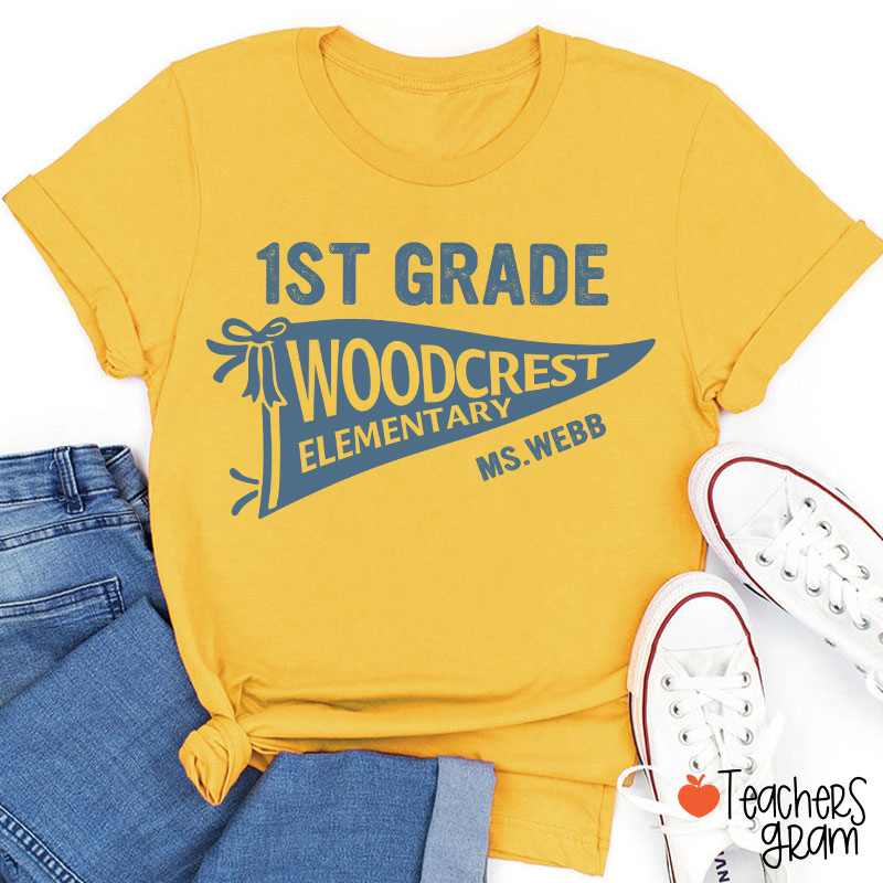 Personalized Grade And School Name Pennant Teacher T-Shirt