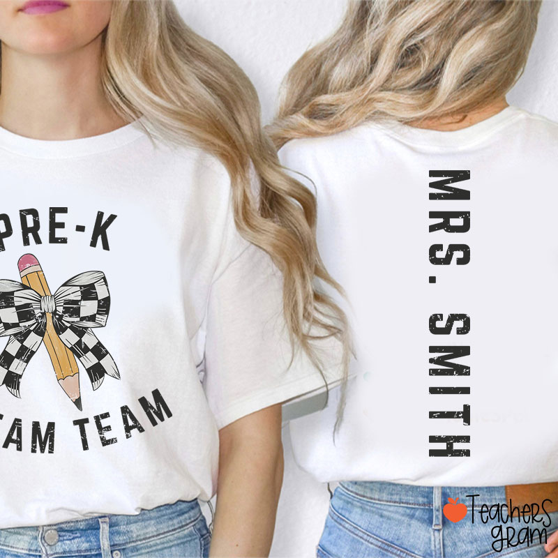 Personalized Grade And Name Checkered Pencil Bow Teacher Two Sided T-Shirt