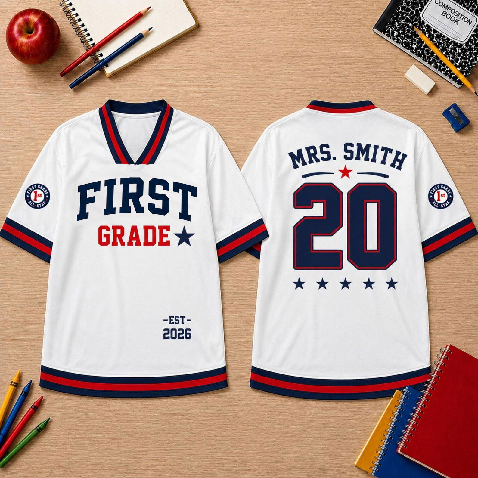 Personalized Grade And Name Preppy Retro Solid First Day Teacher Mesh Jersey