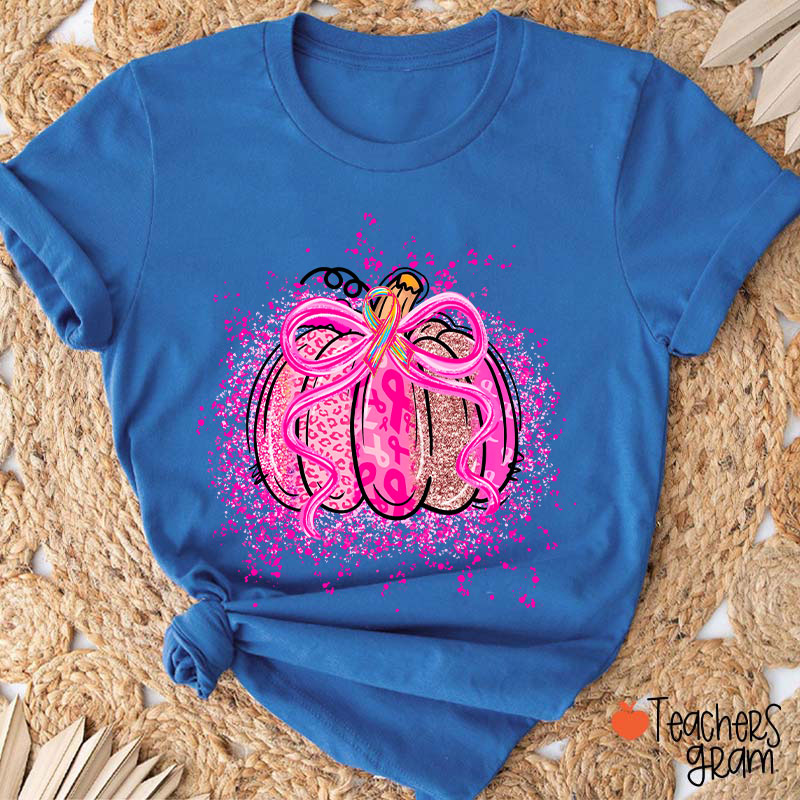 Pumpkin Theme Pink Ribbon Teacher T-Shirt