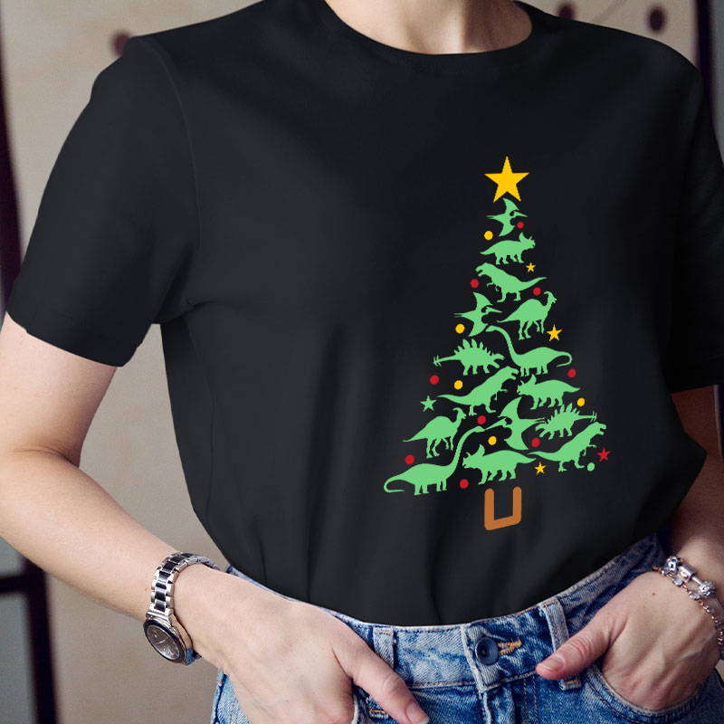 Dinosaur Chirstmas Tree Teacher T-Shirt
