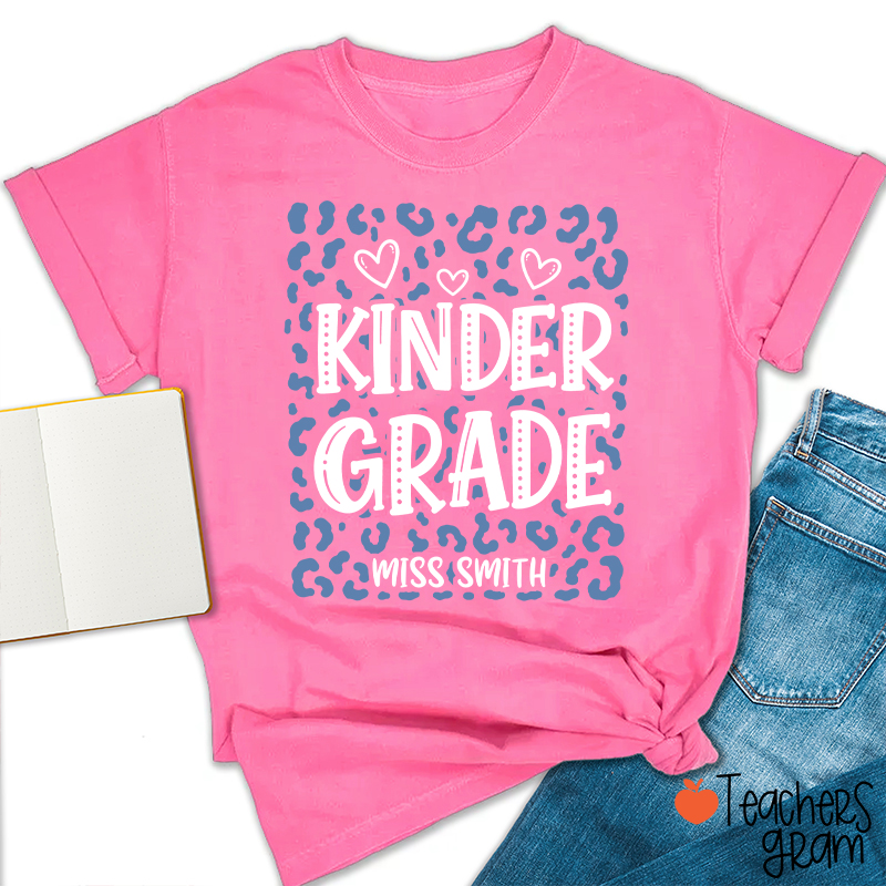 Personalized Name And Grade Leopard Heart Teacher T-Shirt