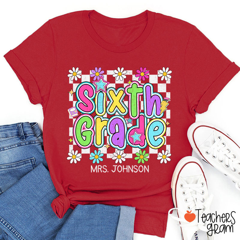 Personalized Name And Grade Checkered Flowers Teacher T-Shirt
