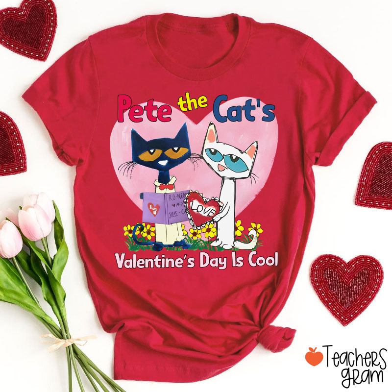 Blue And White Cat Valentine's Day Is Cool Teacher T-Shirt