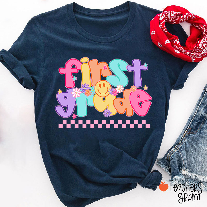 Personalized Grade Candy Color Fonts Checkered Teacher T-Shirt