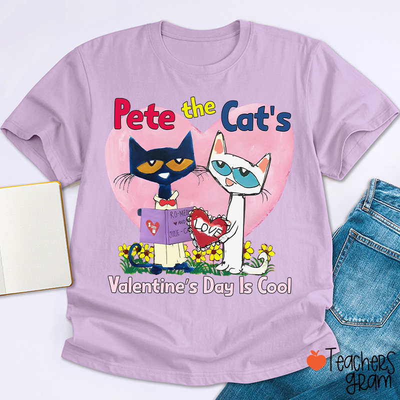 Blue And White Cat Valentine's Day Is Cool Teacher T-Shirt