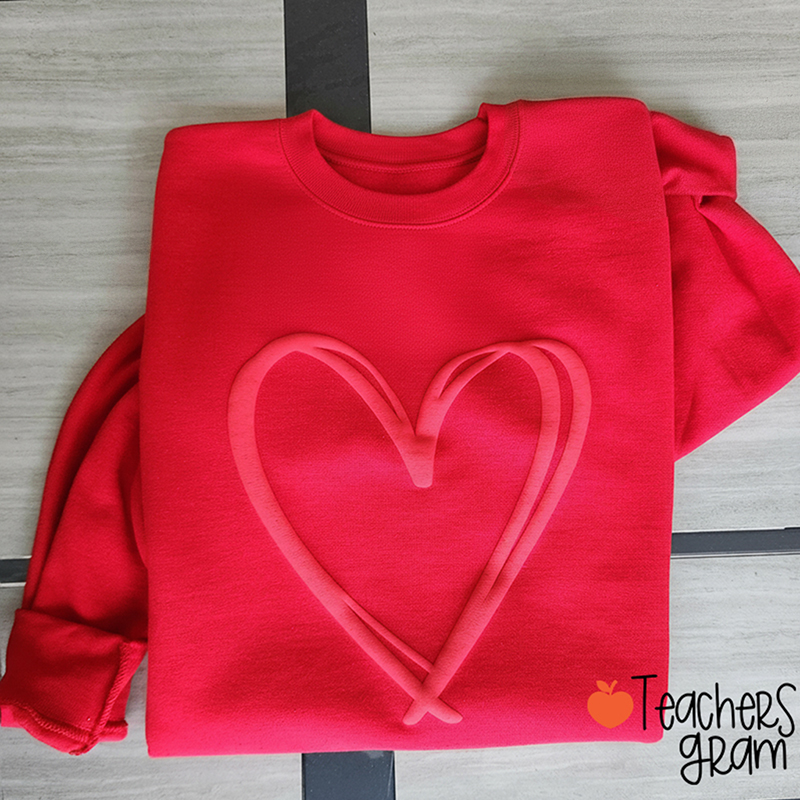Personalized Double Red Heart Puff Printed Teacher Sweatshirt