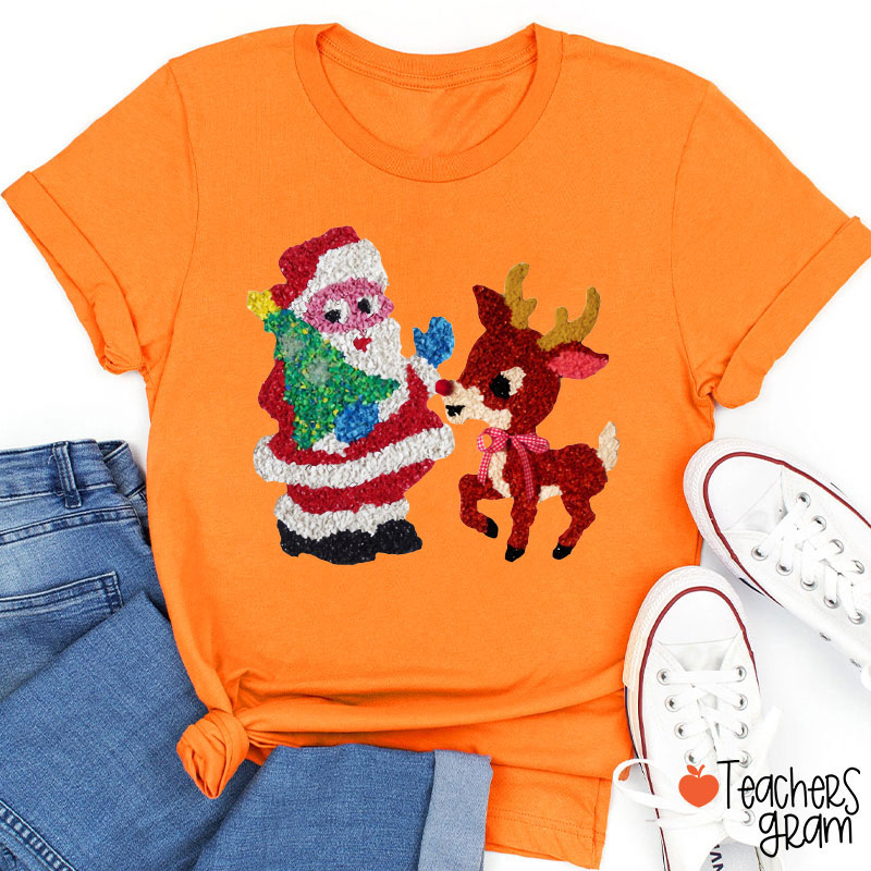 Santa And Rudolph Faux Melted Plastic Teacher T-Shirt