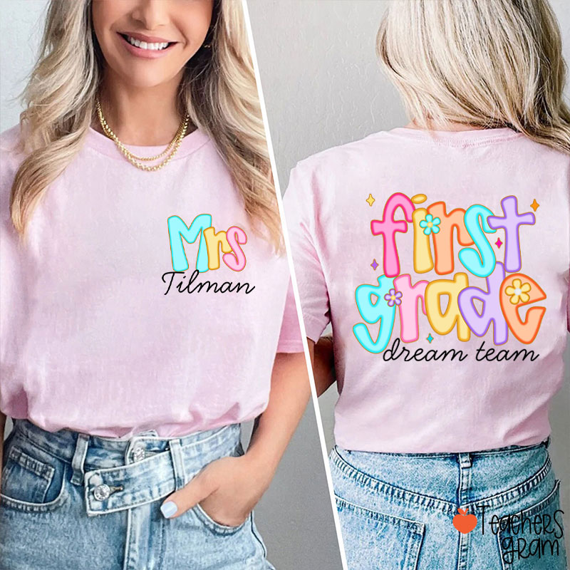 Personalized Grade And Name Candy Color Fonts Teacher Two Sided T-Shirt