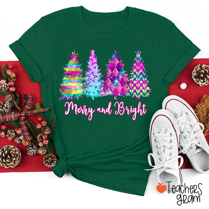 Merry And Bright Colorful Christmas Tree Teacher T-Shirt