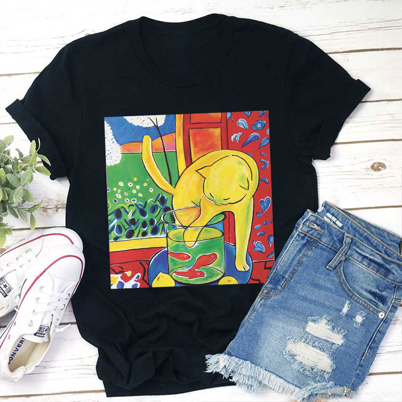 Cat With Red Fish Teacher T-Shirt