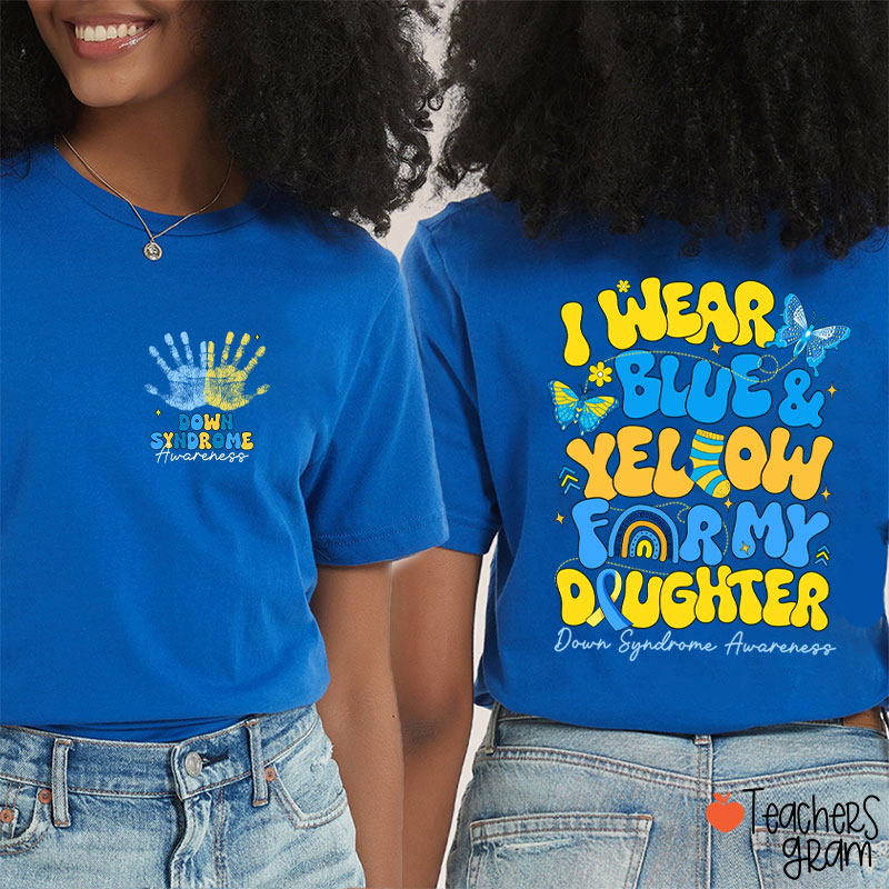 Personalized I Wear Blue Yellow Down Syndrome Awareness Teacher Two Sided T-Shirt