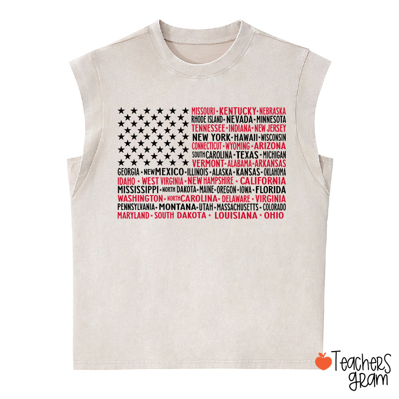 Vintage American Flag 4th Of July Teacher Washed Tank Top